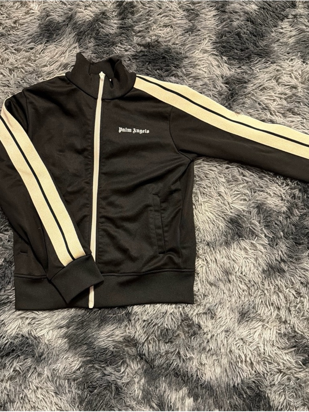Palm Angels Kids Black Track Jacket with Cream Stripes and Logo
